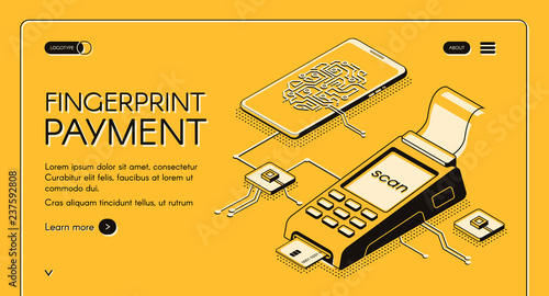 Fingerprint payment service isometric vector web banner with digital chip, fingerprint and credit card scanner line art illustration. Innovative biometrics technologies business startup landing page