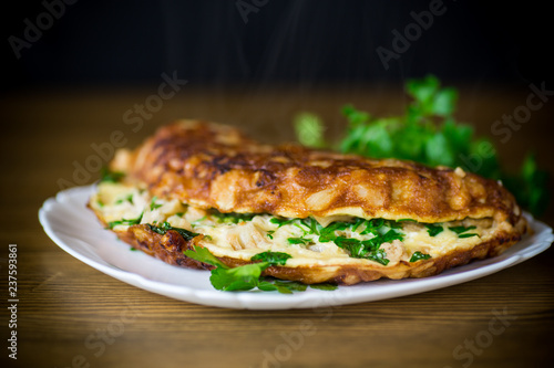 fried omelet with cauliflower and greens in a plate