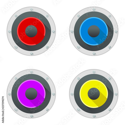 Loudspeakers set. Music. Vector illustrator. White background. EPS 10. Red, blue, yellow and purpura color loudspeakers.