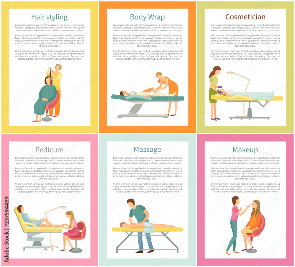 Hair Styling and Body Wrap Posters Set Vector Hair Styling and Body Wrap Posters Set Vector