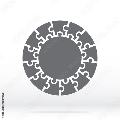 Simple icon circle puzzle in gray. Simple icon circle puzzle of the thirteen elements and center on gray background. Flat design. Vector illustration EPS10.