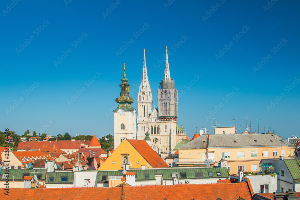 Croatian capital Zagreb, city skyline, catholic cathedral and red roofs in city center, view from Upper town 