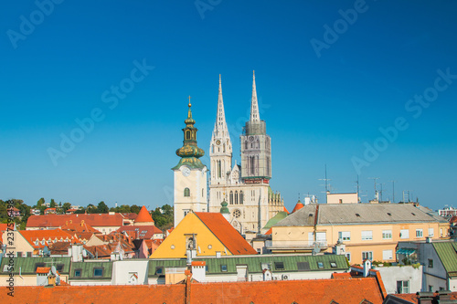 Wallpaper Mural Croatian capital Zagreb, city skyline, catholic cathedral and red roofs in city center, view from Upper town  Torontodigital.ca