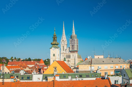 Croatian capital Zagreb, city skyline, catholic cathedral and red roofs in city center, view from Upper town 
