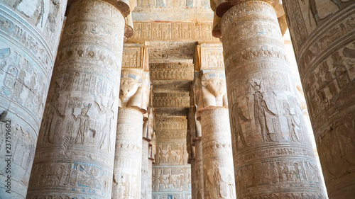 Interior of Dendera temple or Temple of Hathor. Egypt. Dendera, Denderah, is a small town in Egypt. Dendera Temple complex, one of the best-preserved temple sites from ancient Upper Egypt.