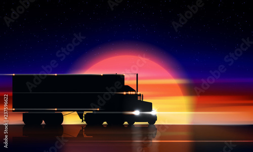 Truck moves on the highway at sunset. Classic big rig semi truck with headlights and dry van in the dark on the night road on the background of a colorful sunset and starry sky, vector illustration