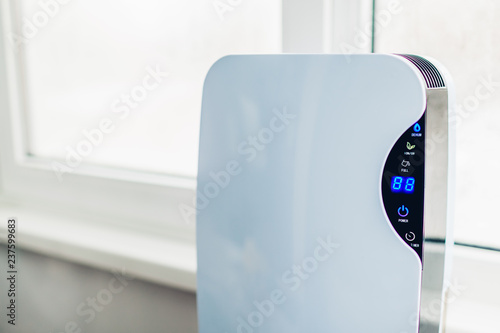 Dehumidifier with touch panel, humidity indicator, uv lamp, air ionizer, water container works by wet window in flat. photo