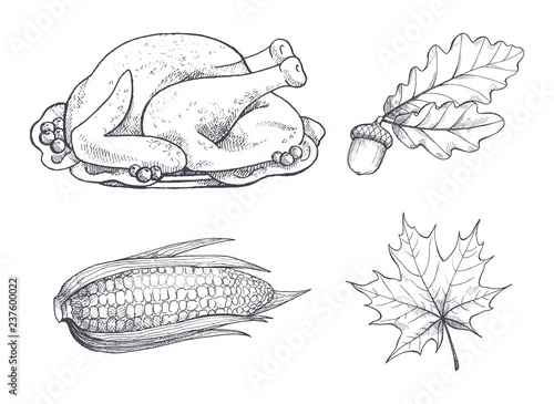 Turkey Dish and Maple Leaves Sketches Set Vector