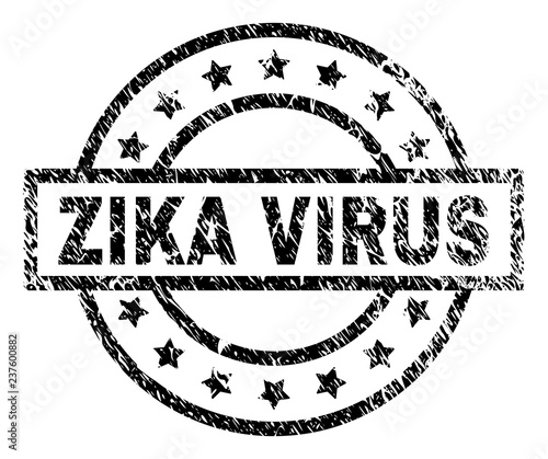 ZIKA VIRUS stamp seal watermark with distress style. Designed with rectangle, circles and stars. Black vector rubber print of ZIKA VIRUS label with dust texture.