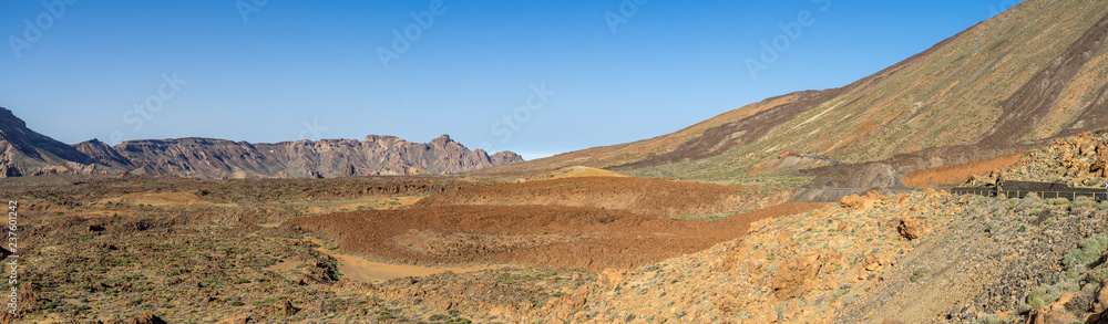 Panoramic view of the lava fields of Las Canadas caldera of Teide volcano. Tenerife. Canary Islands. Spain. View from the observation deck - 