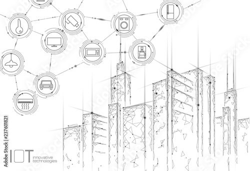 Internet of things low poly smart city 3D wire mesh. Intelligent building automation IOT concept. Modern wireless online control icon urban cityscape technology banner vector illustration