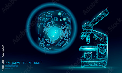Microscope artificial cell synthesis animal human designer cell biochemistry. Engineering GMO research concept. Macro close zoom future education technology vector illustration eukaryotic