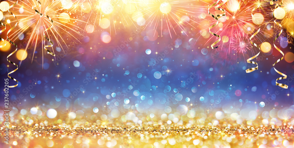 Fototapeta premium Happy New Year With Glitter And Fireworks 
