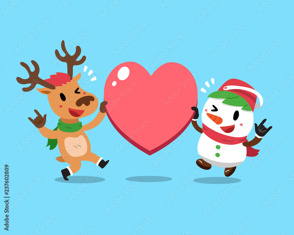 Vector cartoon christmas santa claus and snowman with big heart sign Vector cartoon christmas santa claus and snowman with big heart sign