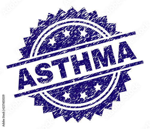 ASTHMA stamp seal watermark with distress style. Blue vector rubber print of ASTHMA tag with corroded texture.