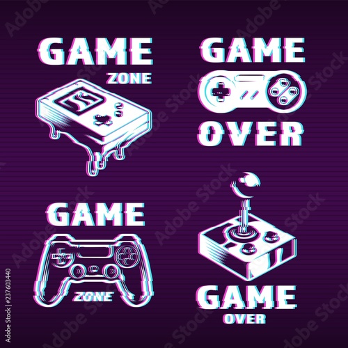 Glitch graphic style gaming labels set