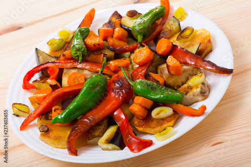 Tasty baked vegetables at plate, healthy vegetarian food