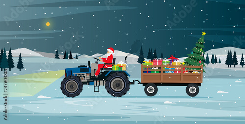 Santa driving a tractor carrying gifts and Christmas tree.