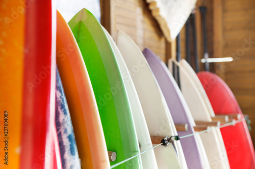 Variety of surfboards awaiting tourists