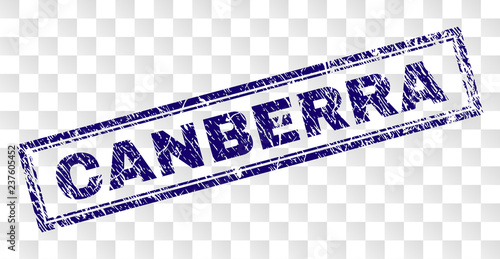CANBERRA stamp seal watermark with rubber print style and double framed rectangle shape. Stamp is placed on a transparent background. Blue vector rubber print of CANBERRA label with corroded texture.
