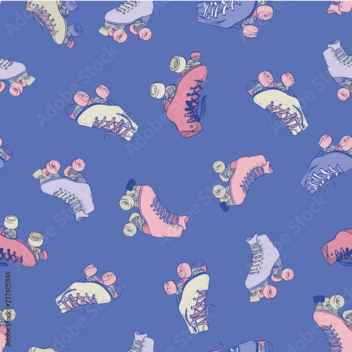 Vector seamless pattern backround of Roller Skates on retro blue. Perfect for prints, cards, wallpapers, scrapbooking and fabric.