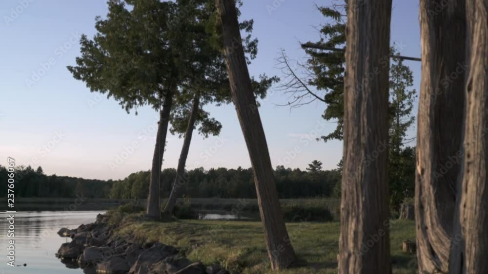 Slider shot of rocky banks of lake shoreline Slider shot of rocky banks of lake shoreline