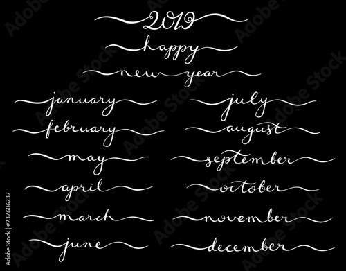 Calligraphic set of months of the year 2019 . December, January, February, March, September, October.