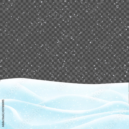 Snowy landscape isolated over transparent background. Design template for winter decoration. Snowfall background.