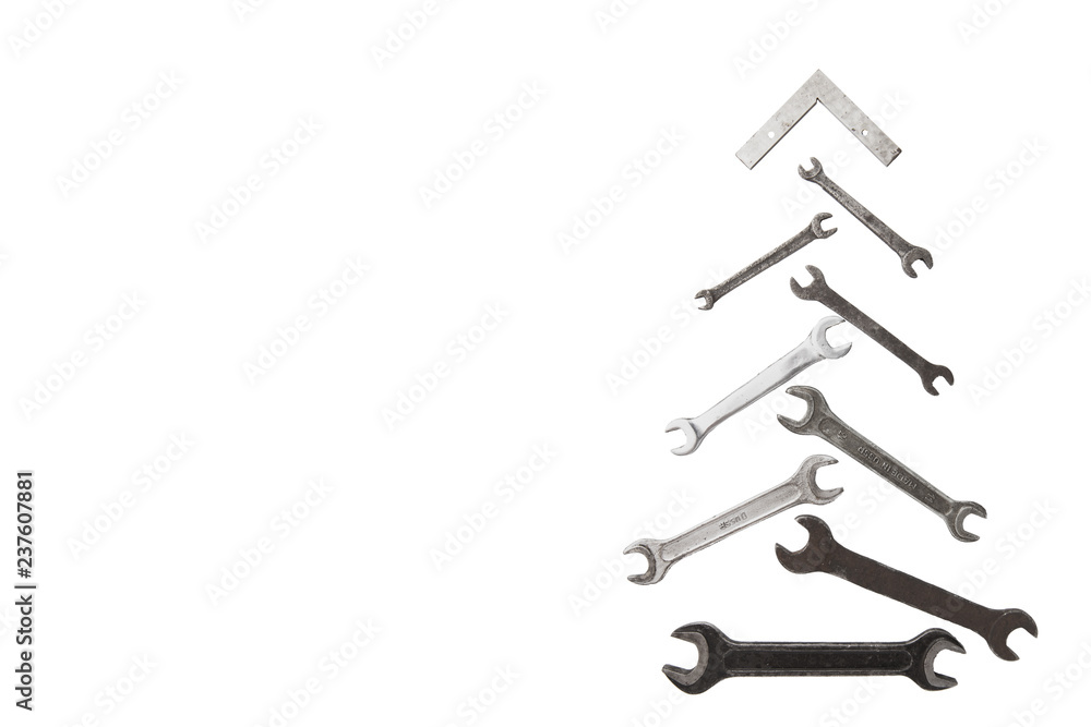 christmas tree figure made of old rusty wrench isolated on white christmas tree figure made of old rusty wrench isolated on white