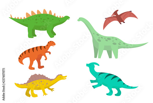 set of cartoon dinosaurs, diplodocus, stegosaurus, pteranodon