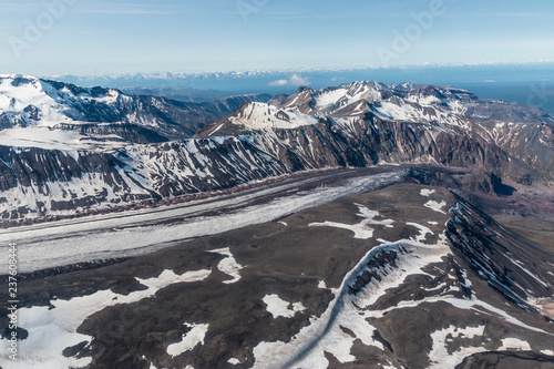 An aerial landscape view of Wrangell-St. Elias National Park in Alaska.
