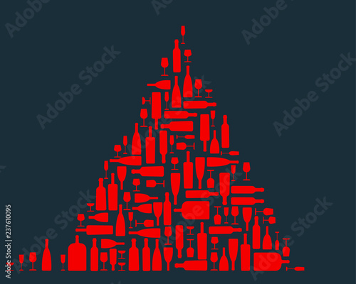 Christmas tree made of red wine bottles and glasses of different size and shape on dark blue background - flat vector illustration