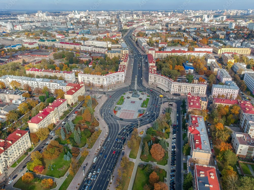 Minsk, Belarus. View on the Square of Victory. Aerial drone photo