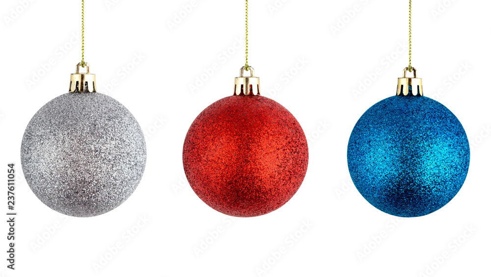 Christmas balls hanging on a white background. Several christmas balls isolated on white background. Christmas balls hanging on a white background. Several christmas balls isolated on white background.