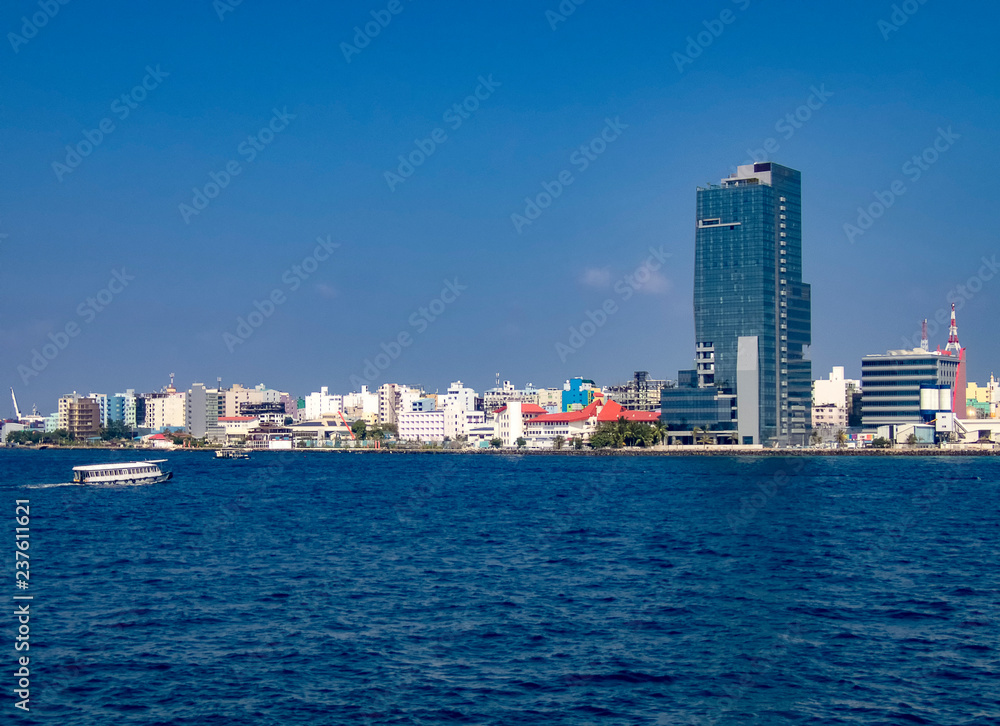 The skyline of Male, capital of the Maldives in the Indian Ocean