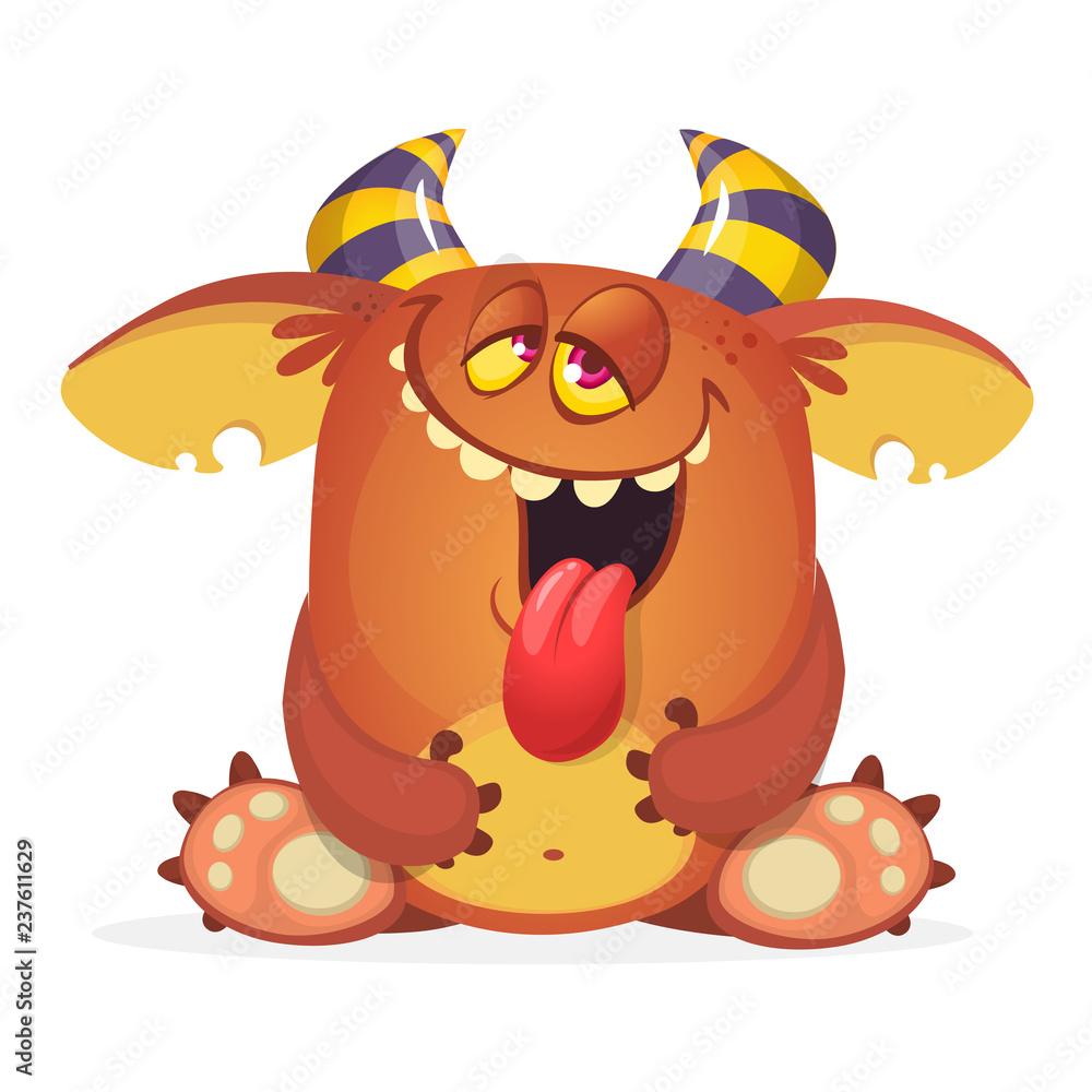 Obraz premium Happy cool cartoon fat monster. Horned vector monster character