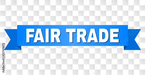 FAIR TRADE text on a ribbon. Designed with white title and blue stripe. Vector banner with FAIR TRADE tag on a transparent background.