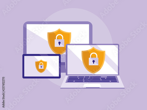 set devices electronics with shields and padlocks