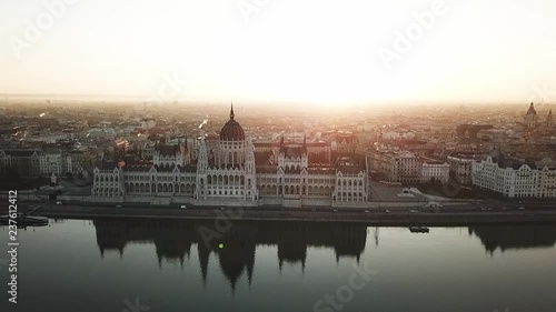 Aerial video shows the Buda side of Budapest in sunrise
