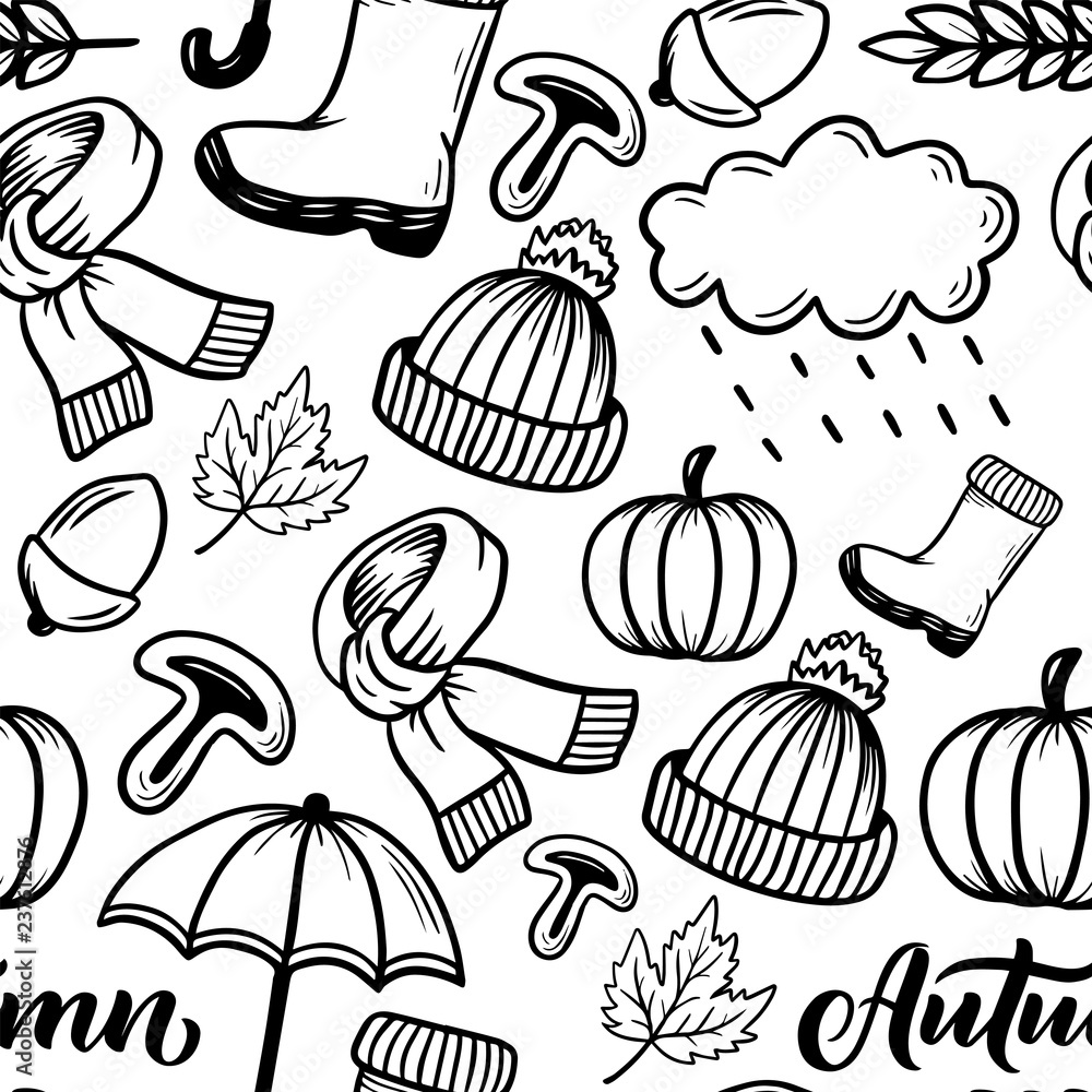 Seamless pattern. Hand drawn illustration - Autumn collection. Design elements for invitations, greeting cards, quotes, prints, fabric Seamless pattern. Hand drawn illustration - Autumn collection. Design elements for invitations, greeting cards, quotes, prints, fabric