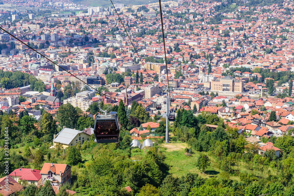 beautiful aerial view of Sarajevo from funicular, capital city of Bosnia and Herzegovina