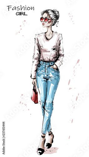 Hand drawn beautiful young woman with red bag. Stylish elegant girl in sunglasses. Fashion woman look. Sketch.