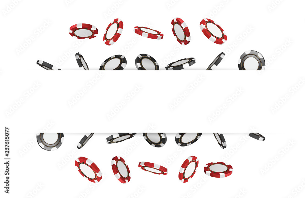 Casino red and black chips isolated on white realistic 3d objects. Online casino banner with place for text. Red and black realistic chip in the air. Gambling poker concept Casino red and black chips isolated on white realistic 3d objects. Online casino banner with place for text. Red and black realistic chip in the air. Gambling poker concept