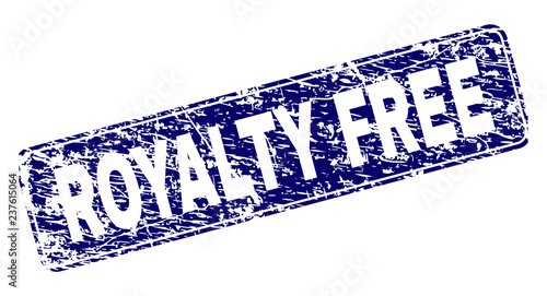 ROYALTY FREE stamp seal print with grunge style. Seal shape is a rounded rectangle with frame. Blue vector rubber print of ROYALTY FREE tag with scratched style.
