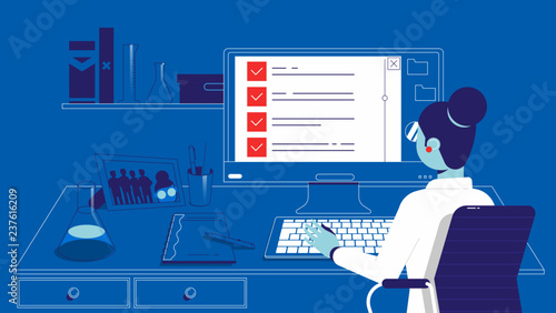 Science and technology concept.There are chemistry equipment, microscope and computer on the table.Vector illustration