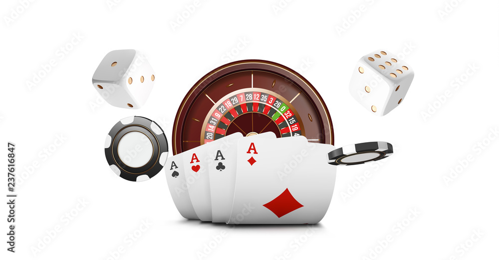 Obraz premium Playing cards and poker chips fly casino. Casino roulette concept on white background. Poker casino illustration. Red and black realistic chip in the air. Gambling poker mobile app icon.