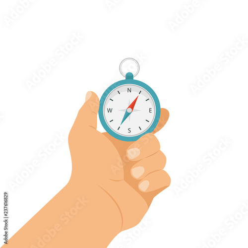 Hand holding a compass, compass in hand. Hand holds compass, navigation device. Vector illustration.