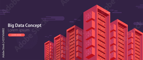 Isometric cartoon technology background. Big data concept. Binary computer code.  Vector illustration.