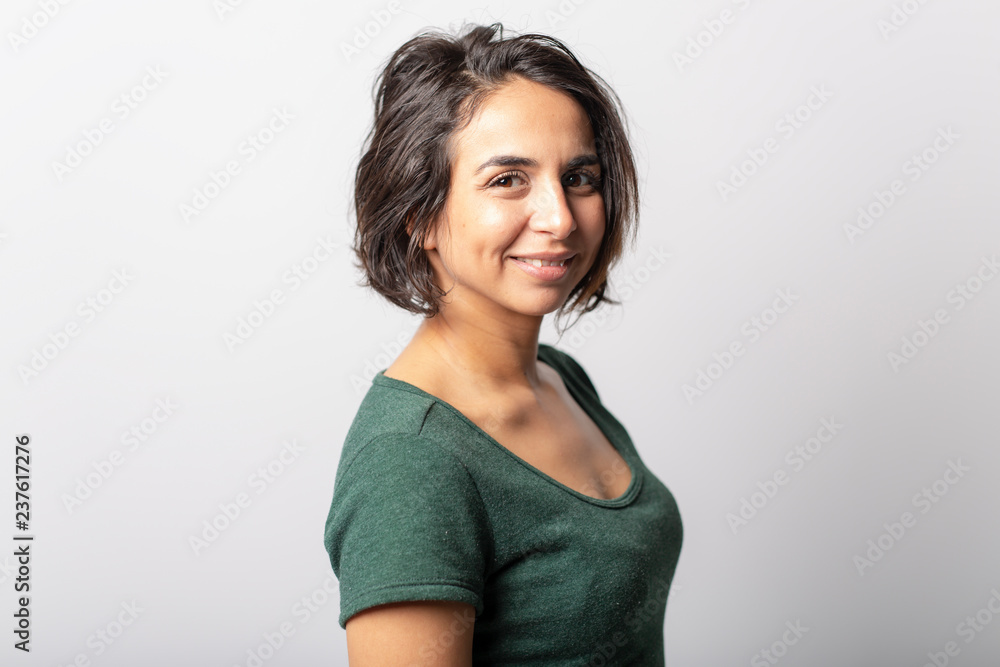 bright brunette girl isolated on a white background bright brunette girl isolated on a white background
