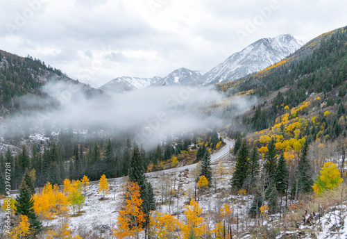 The American Rocky Mountains of Colorado are a beautiful site when the aspens turn yellow in autumn and the first snow falls bring in the threat of winter photo